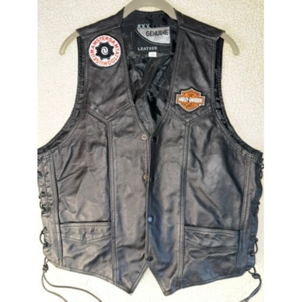 Harley Davidson Leather Vest Mens 40 Black Good Lace Up Biker Patch Vest